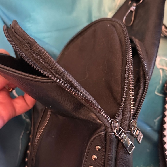 Black Studded Crossbody Sling Bag with Woven Strap - Picture 7 of 9